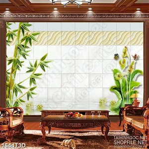 Tranh 3d treo tường cây tre và hoa sứ trong hồ nước