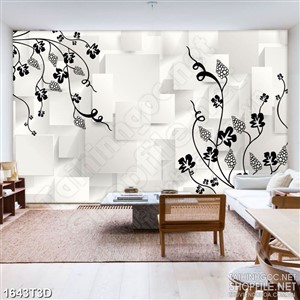 Tranh 3d  trang trí hoa dây màu đen trên nền xám trắng