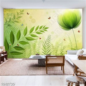 Tranh 3d  dán tường những bông hoa phù du màu xanh