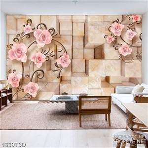 Tranh 3d  trang trí những bông hồng trên tường gạch
