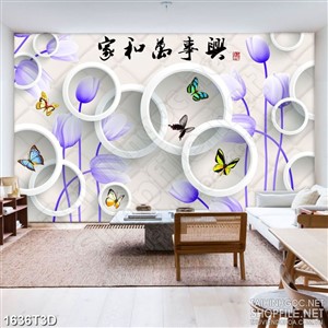 Tranh 3d treo tường hoa tulip màu tím bên đàn bướm