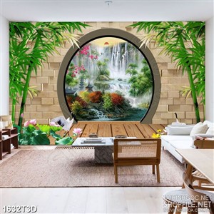 Tranh 3d treo tường hai hàng tre xanh bên con thác nhỏ