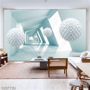 Tranh 3d  trang trí những trái cầu gai trắng bay lơ lững