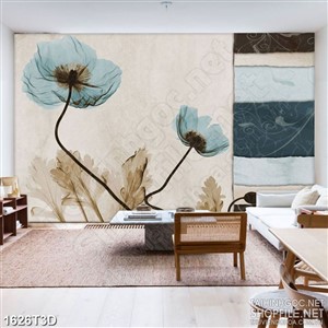 Tranh 3d dán tường bông hoa phù du màu xanh dương