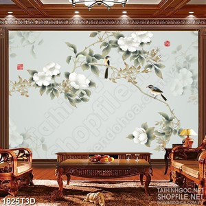Tranh 3d nghệ thuật cành hoa trắng cùng đôi chim non