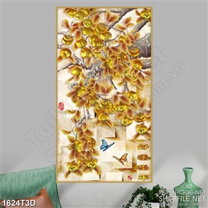 Tranh 3d treo tường cành hoa vàng bên đàn bướm psd