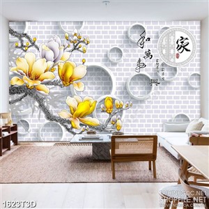Tranh 3d  trang trí cành hoa mộc lan dáp vàng bên tường