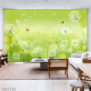 Tranh 3d nghệ thuật cánh đồng hoa bồ công anh xanh