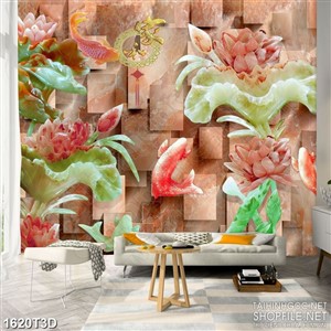 Tranh 3d treo tường đàn cá chép bên hoa sen giả ngọc