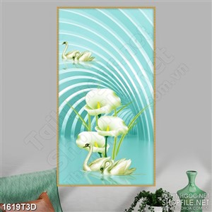 Tranh 3d  trang trí đôi thiên nga bên bông hoa sứ trắng