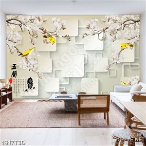 Tranh 3d nghệ thuật cành hoa mộc lan và chú chim vàng