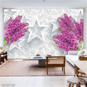 Tranh 3d treo tường bông hoa tím trên nền ngôi sao