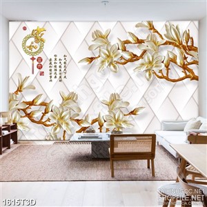 Tranh 3d  trang trí cành hoa mộc lan màu dáp thân vàng