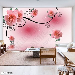 Tranh 3d dán tường những bông hoa hồng nhung trên hồ