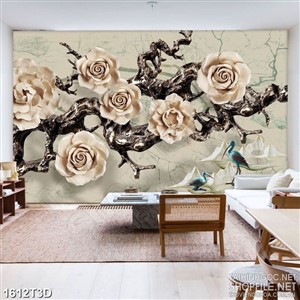 Tranh 3d treo tường những bông hoa hồng trên thân lớn