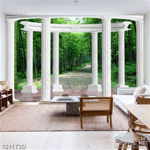 Tranh 3d  trang trí khu rừng trúc xanh sau cánh cổng