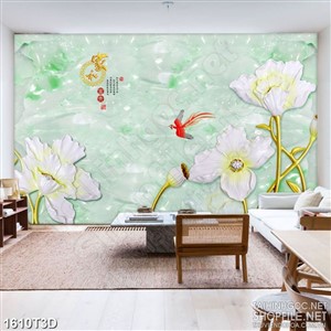 Tranh 3d dán tường chú chim tri bên vườn hoa giả  ngọc