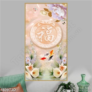 Tranh 3d nghệ thuật đàn cá chép bên hoa bên hồ giả ngọc