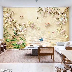 Tranh 3d  trang trí những cành hoa nở rộ tren mặt hồ