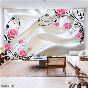 Tranh 3d treo tường hoa hồng nhung trên nên lụa trắng