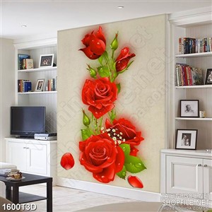 Tranh 3d treo tường cây hoa hồng đỏ rực rỡ khoe sắc