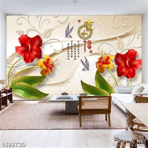 Tranh 3d  trang trí bông hoa dâm bụt đỏ bên đàn bướm