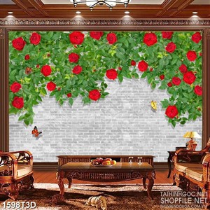 Tranh 3d dán tường hoa hồng dây leo sắc đỏ khoe sắc