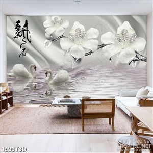 Tranh 3d treo tường cành hoa trắng bên hồ đôi thiên nga