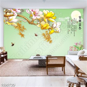 Tranh 3d dán tường bông hoa mộc lan  bên ánh trăng vàng