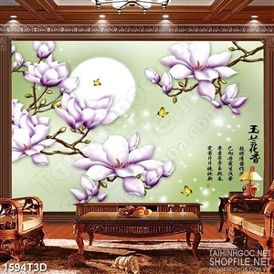 Tranh 3d dán tường cành hoa mộc lan hồng bên trăng