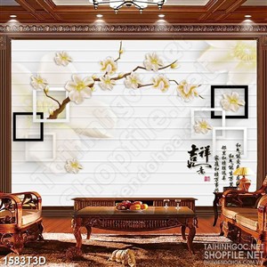 Tranh 3d trang trí cành hoa trắng và những cánh hoa rơi