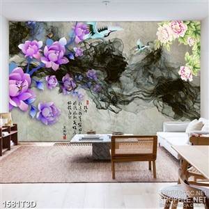 Tranh 3d nghệ thuật cành hoa màu tím bên hoa mẫu đơn