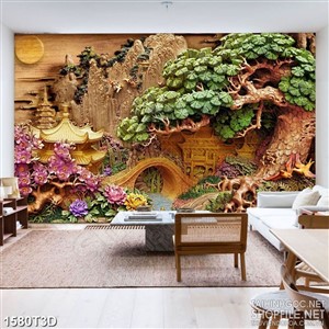 Tranh 3d treo tường ngôi chùa bên cây cầu nhỏ giả ngọc