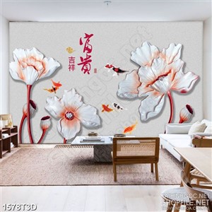 Tranh 3d dán tường đàn cá bơi tung tăng bên bông hoa