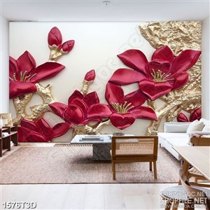Tranh 3d treo tường cành hoa lụa đỏ rực rỡ dáp thân vàng