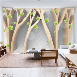 Tranh 3d dán tường rừng cây thân gỗ với những chiếc lá
