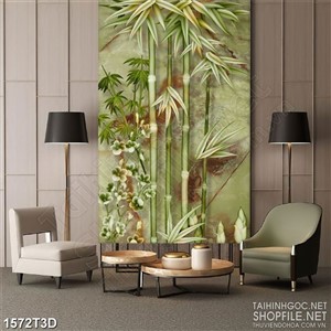 Tranh 3d treo tường bụi tre xanh giả ngọc bên hồ psd