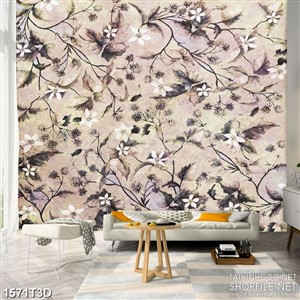 Tranh 3d  trang trí khu vườn đầy hoa và lá màu đơn sắc