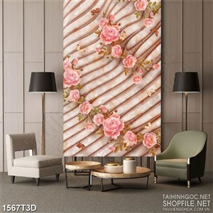 Tranh 3d  trang trí hoa hồng dây leo trên bức tường xám