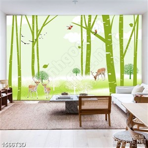 Tranh 3d dán tường đàn huơu trong khu rừng cây xanh