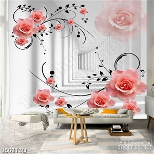 Tranh 3d  trang trí hồng nhung khoe sắc trên hành lang