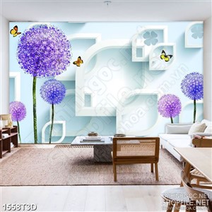Tranh 3d dán tường  hoa bồ công anh tím bên đàn bướm