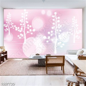 Tranh 3d nghệ thuật khu rừng cây huyền ảo sắc hồng