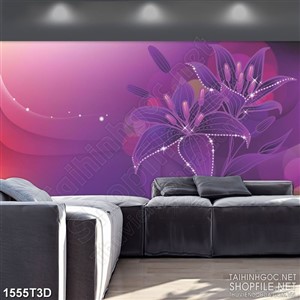 Tranh 3d  trang trí bông hoa màu tím lấp lánh trong đêm