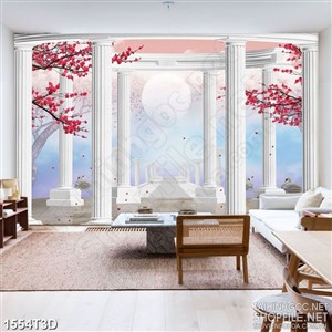 Tranh 3d dán tường cành hoa đào rơi bên ánh trăng tròn