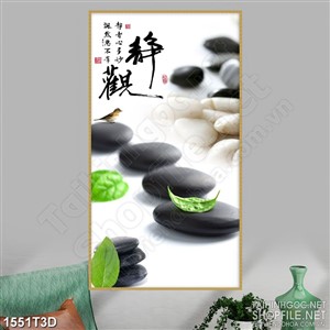 Tranh 3d  trang trí những viên đá cuội bên chiếc lá xanh