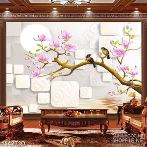Tranh 3d dán tường hai chú chim non đậu trên cành hoa
