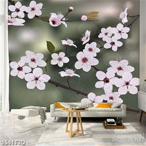 Tranh 3d nghệ thuật cành hoa đào hồng nở rộ khoe sắc