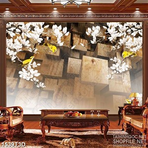 Tranh 3d  trang trí những chú chim vàng trên cành hoa