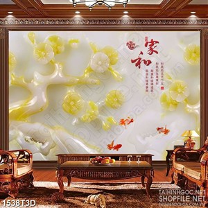 Tranh 3d dán tường đàn cá cảnh bơi trong hồ giả ngọc